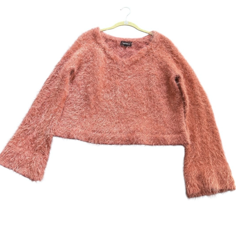 4SI3NNA Pink V-Neck Eyelash Sweater Bell Sleeves Fluffy Knit Cozy Fuzzy Med Y2K - Picture 5 of 14